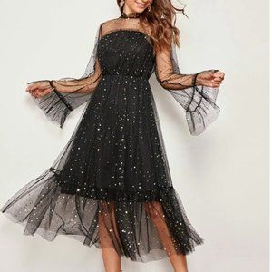 NWOT SHEIN Mock-Neck Flounce Sleeve Frill Trim Star Mesh Maxi Dress